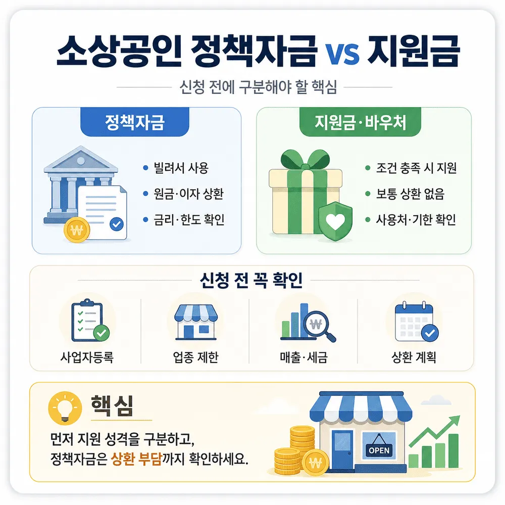 소상공인 지원금 바우처 정책자금 융자 비교표