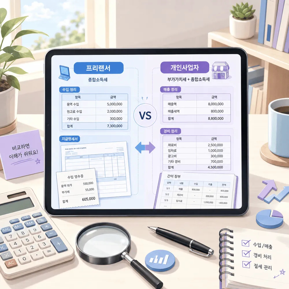 프리랜서와 개인사업자 세금 차이 확인표