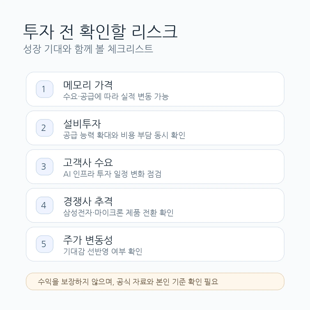SK하이닉스 투자 전 확인할 메모리 가격, 설비투자, 고객사 수요, 경쟁사 추격 리스크 체크리스트